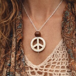 1 Only! Handmade Zen & Hippie Peace Sign Wood Bead Necklace